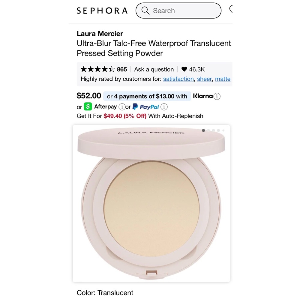 Laura Mercier Ultra-Blur Talc-Free Waterproof Translucent Pressed Setting Powder